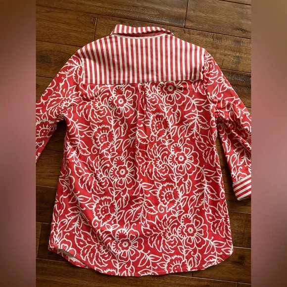 Gretchen Scott Designs Orange and White Floral and Striped Pattern Shirt, Med - Picture 6 of 6